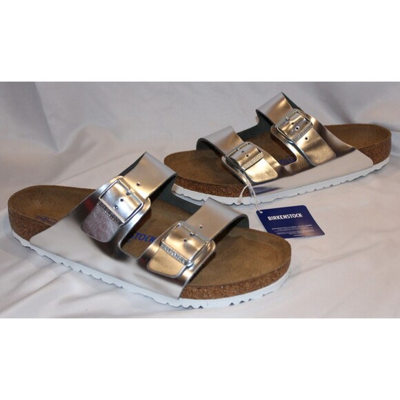 Birkenstock Women's Arizona Buckle Narrow Fit Birko Flor Sandals SILVER - Picture 3 of 7